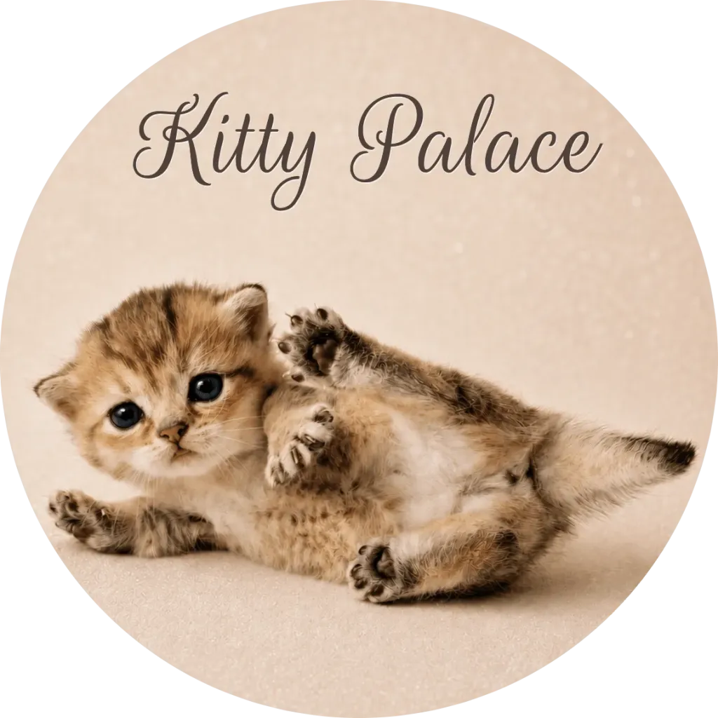 Adorable black goldenkitten lies on its back with paws raised, big blue eyes and soft fur against a neutral beige backdrop