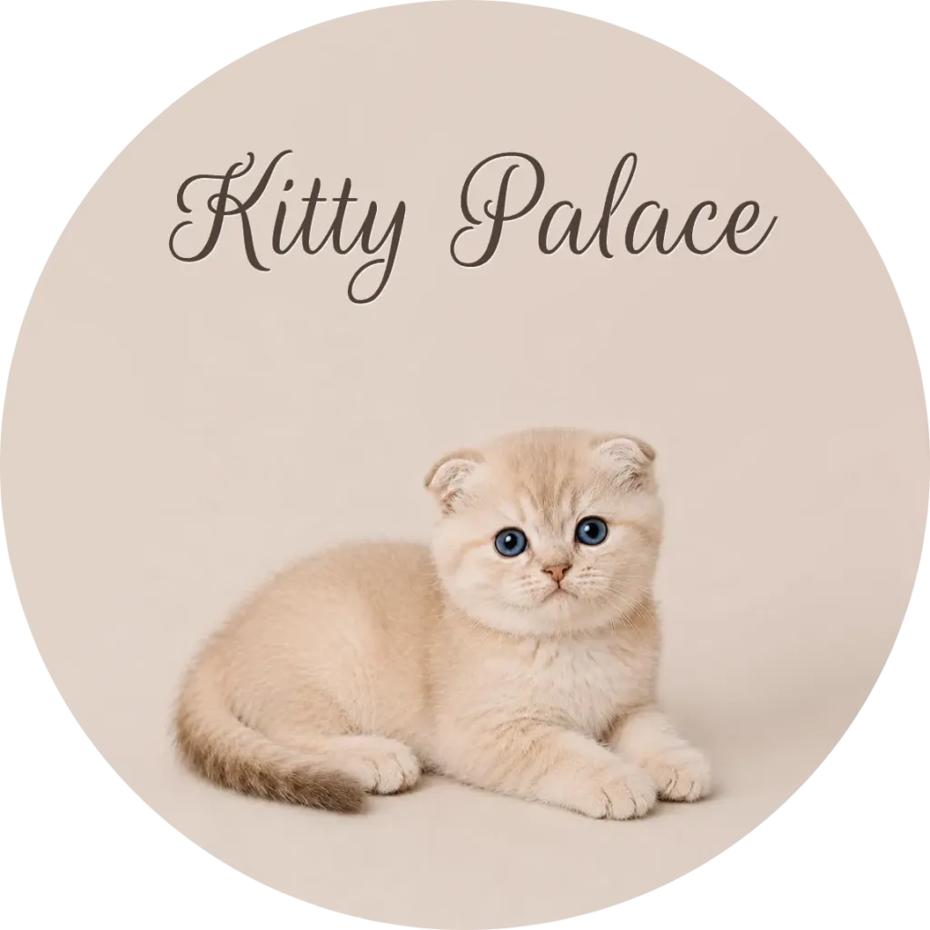 Adorable cream Scottish Fold kitten with striking blue eyes lies calmly on a neutral background in a soft studio portrait