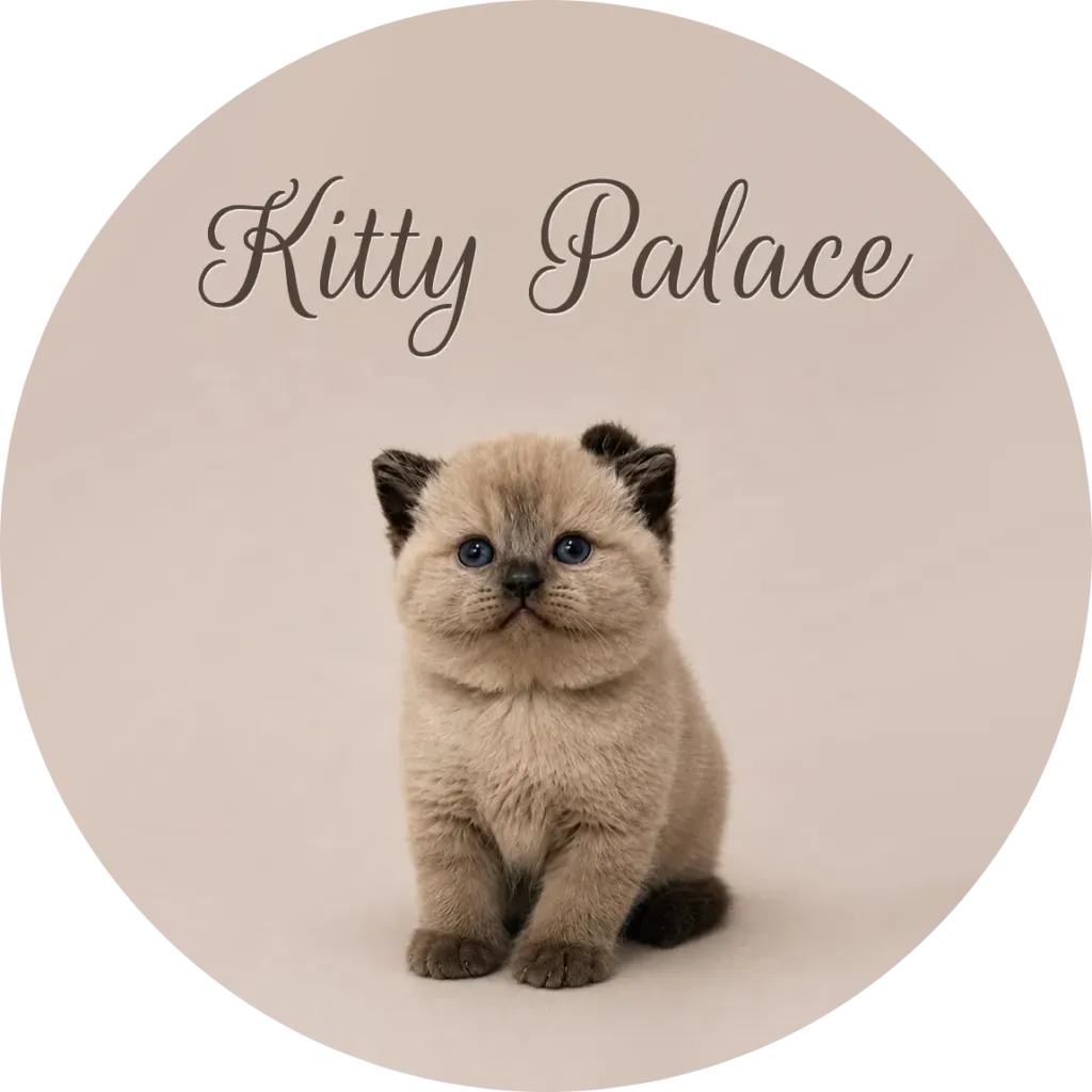 Fluffy blue-eyed kitten sits on a soft beige backdrop beneath the 'Kitty Palace' sign, radiating innocence, warmth and playful charm