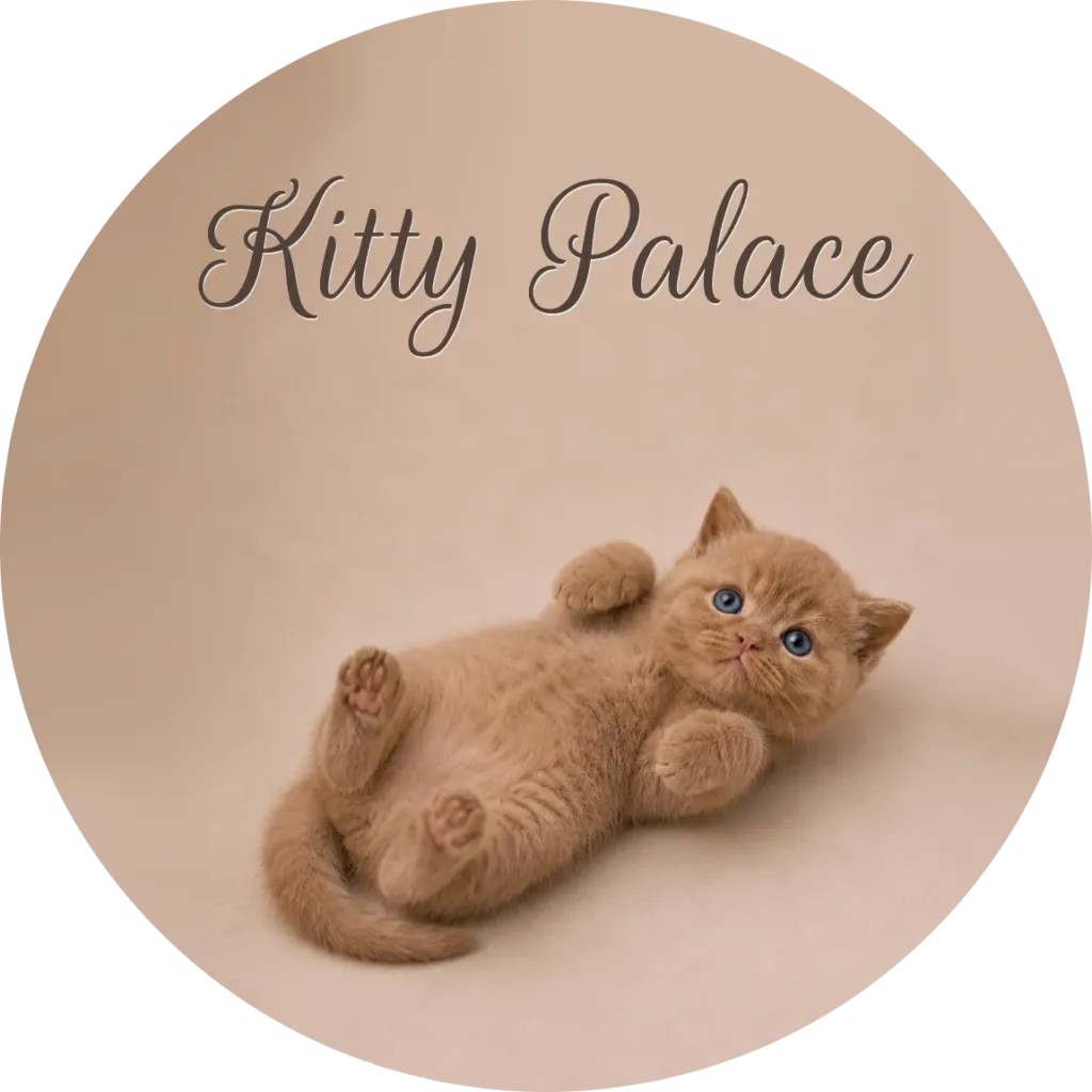 Oscar, a British shorthair cinnamon cat for sale, lying playfully on his back with blue eyes and paws up