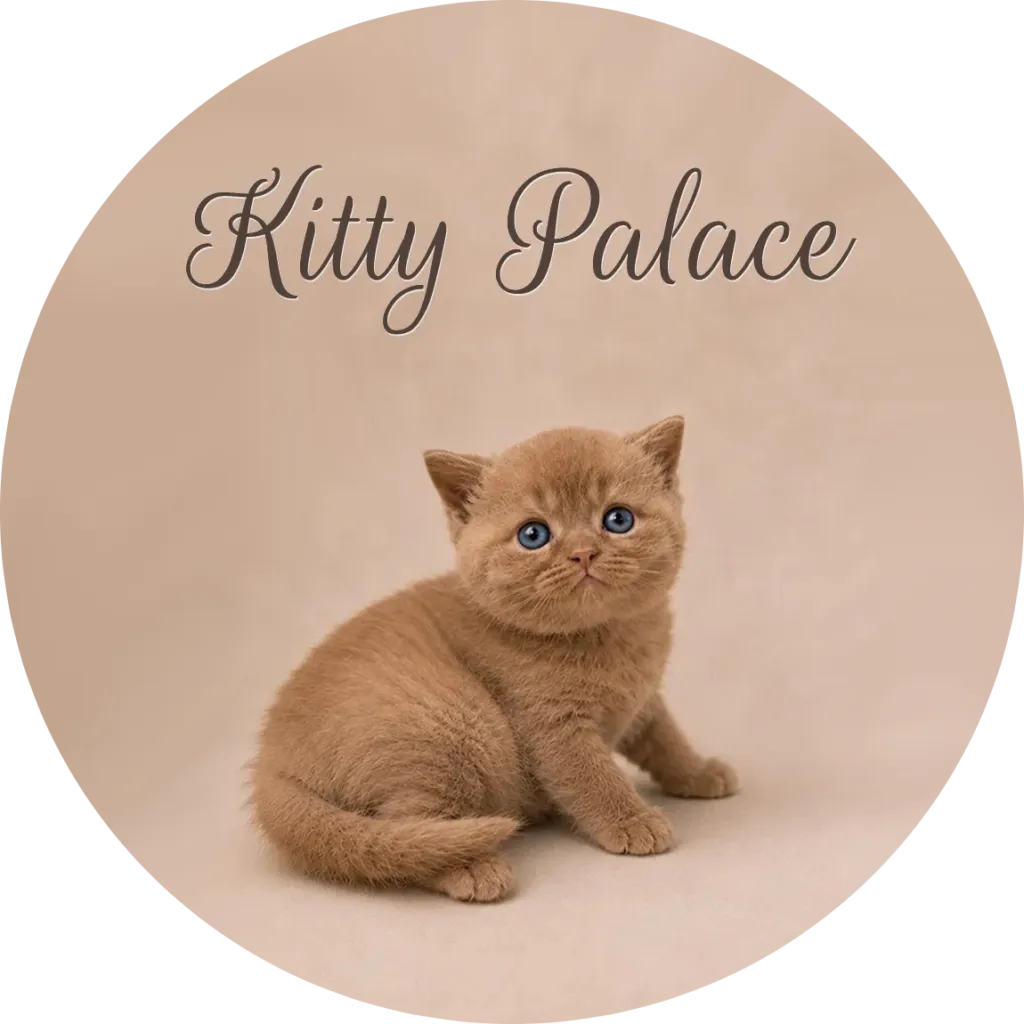 Oscar the male British shorthair cinnamon cat for sale, sitting upright and looking up with bright blue eyes