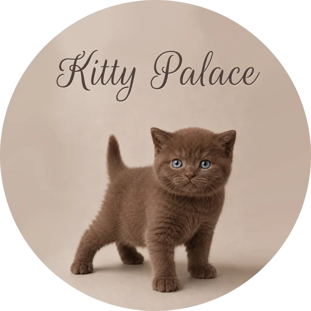Rare Cinnamon (Chocolate Line) british shorthair kitten standing with tail out, blue-eyed male Elvis